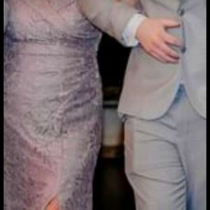 Formal Gown. Dusty rose pink Lace that shimmers. Slit up leg. Oleg Casini